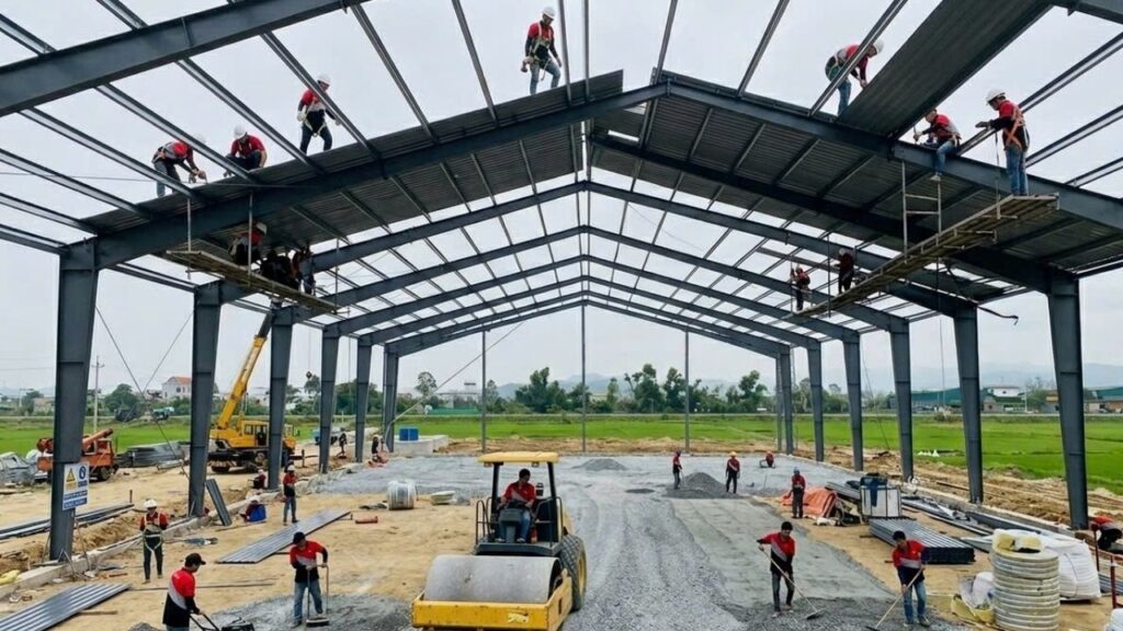 Kết cấu cột và khung thép của nhà xưởng